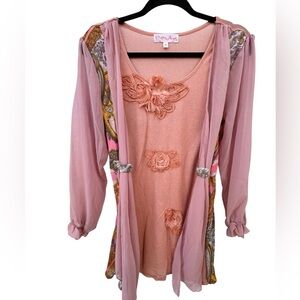 Pretty Angel Pink Floral Embellished silk blend bohemian western Blouse small